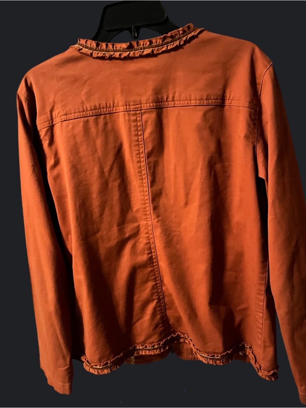 Chico's Rust Orange Ruffled-Trim Collarless Jacket - Picture 3 of 4